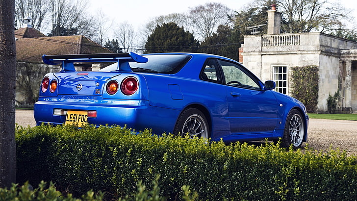 blue Opel coupe, car, blue cars, Nissan GTR R34, mode of transportation