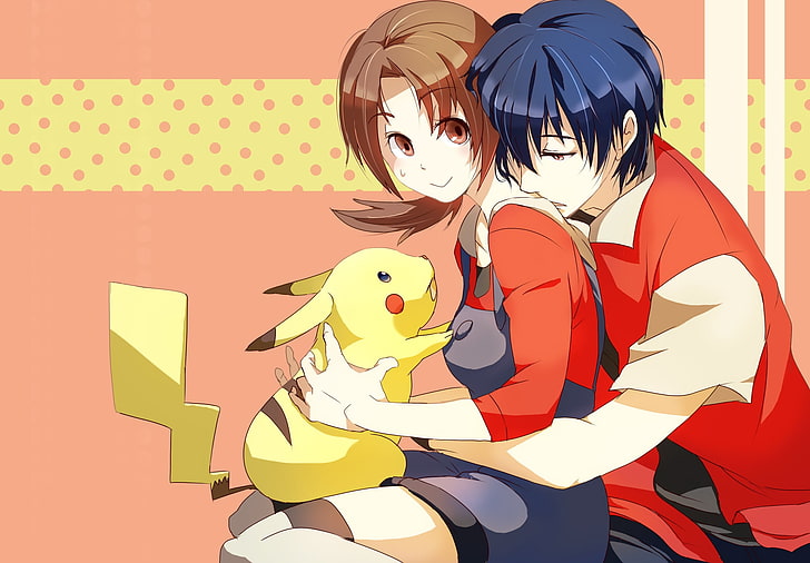 Pokemon Pikachu illustration, pocket monster, boy, girl, hug