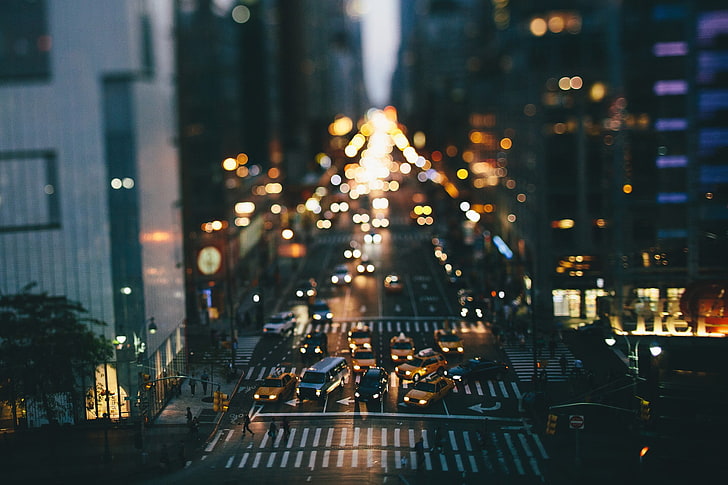 selective-focus photography of cars, city, tilt shift, traffic