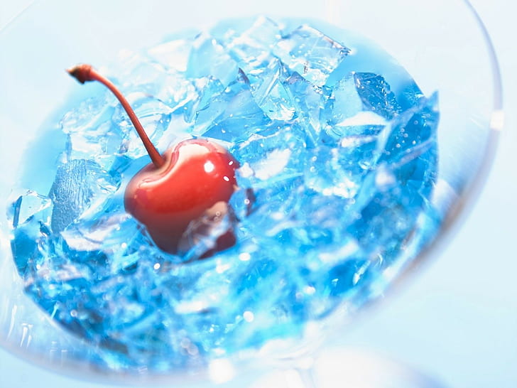 cherries, ice cubes, liquid