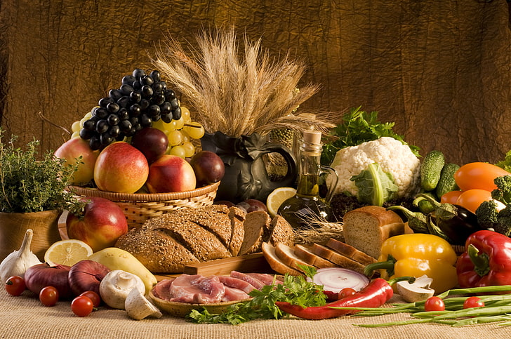 variety of foods, vegetable, and fruits, wheat, greens, lemon