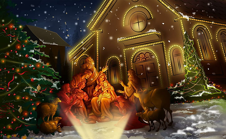 christmas, church, tree, holiday, night, nativity in church wallapaper