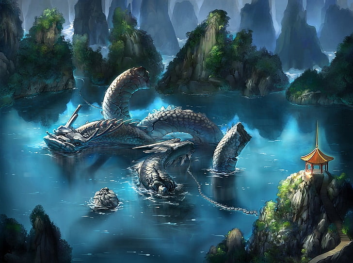 gray dragon on body of water digital wallpaper, fantasy art, lake