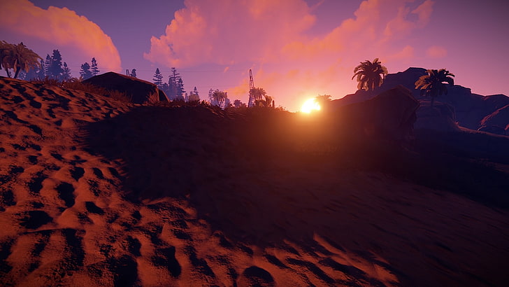 Rust (game), video games, sand, sun rays, horizon, palm trees