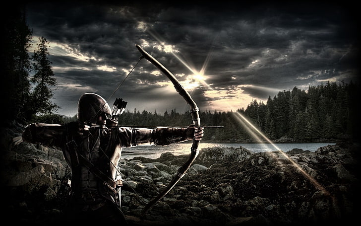 man holding arrow illustration, Assassin's Creed, weapon, men