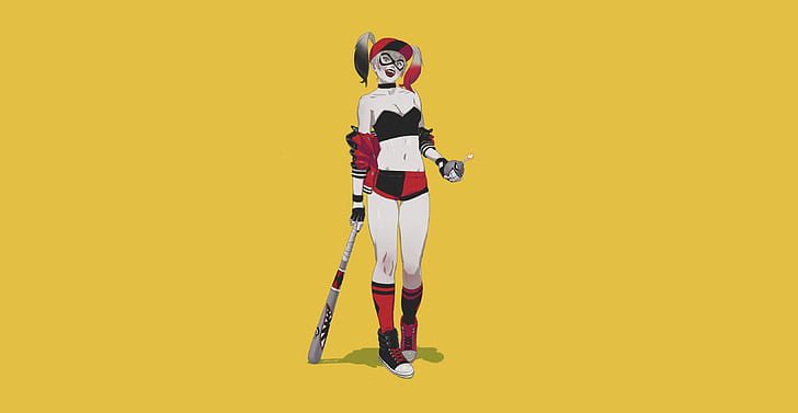 yellow background, simple background, Harley Quinn, baseball bat