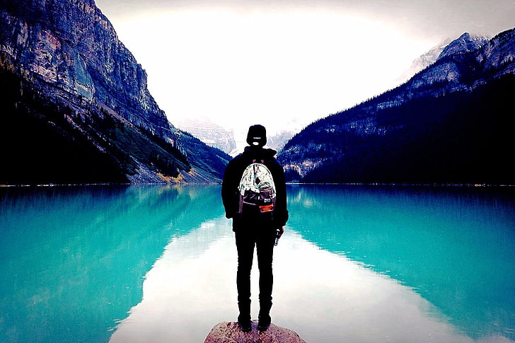 men's black pullover hoodie, mountains, water, one person, real people, HD wallpaper