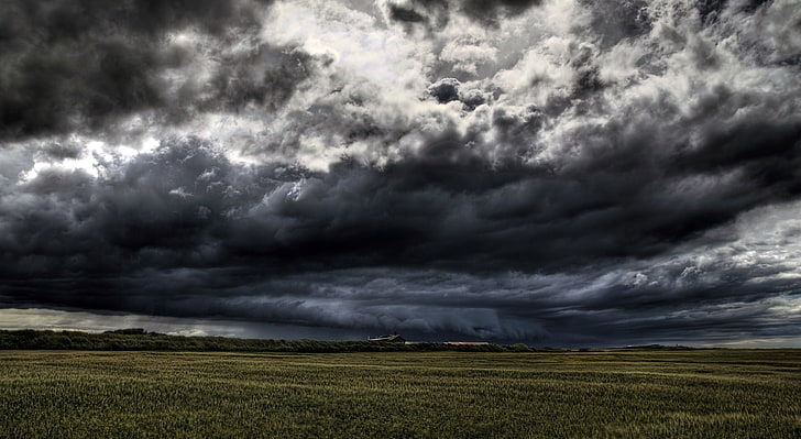 Stormy Sky, grass field and nimbus clouds, Nature, Landscape