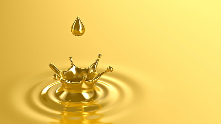 water drop, gold, yellow background, liquid, reflection, splashing, HD wallpaper