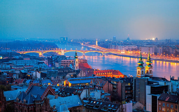 Hungary, Budapest, city, night, houses, river, bridge, lights
