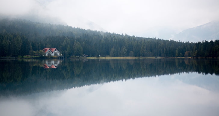 nature, water, trees, house, reflection, scenics - nature, lake, HD wallpaper