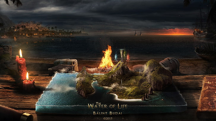 The Water of Life digital wallpaper, magic, sailing ship, island