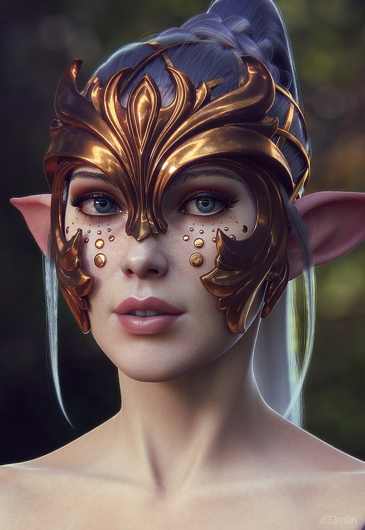 women's brass-colored mask, elves, fantasy art, portrait, headshot