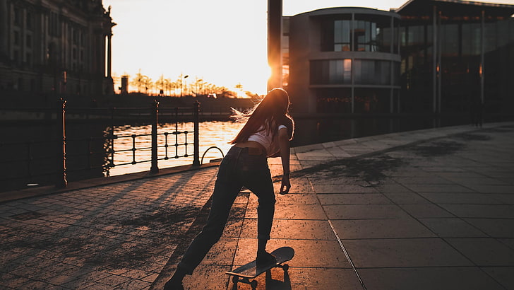 skate, girl, skateboard, photograph, urban area, light, sky, HD wallpaper