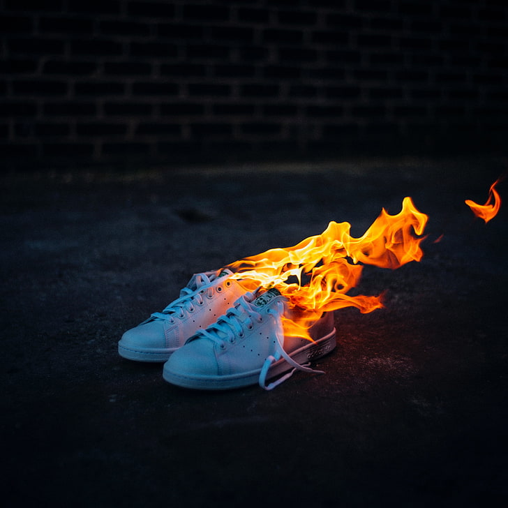 pair of white sneakers, fire, flame, fire - Natural Phenomenon, HD wallpaper