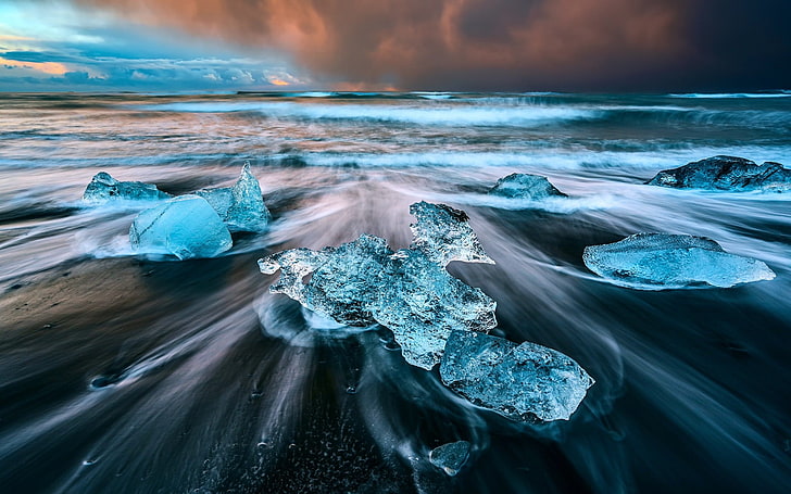 blue stones, nature, ice, water, sea, waves, long exposure, Iceland