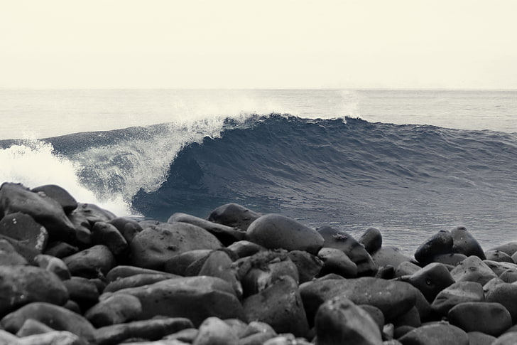 black rock lot, waves, selective coloring, Pacific Ocean, sea, HD wallpaper