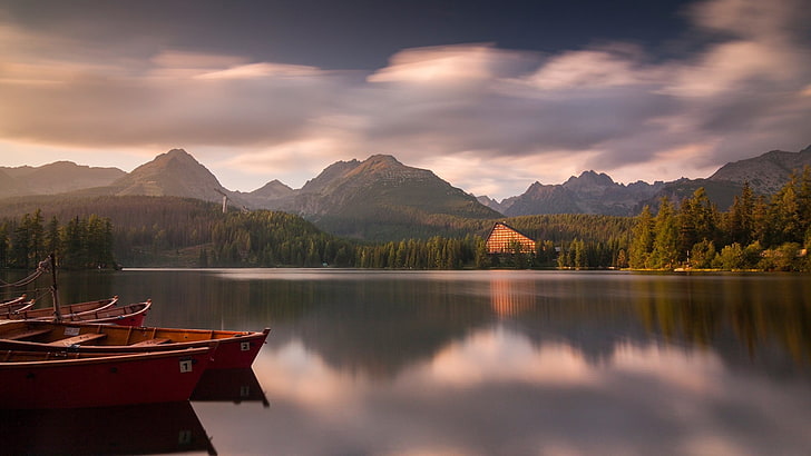 body of water, lake, nature, boat, mountains, sky, reflection