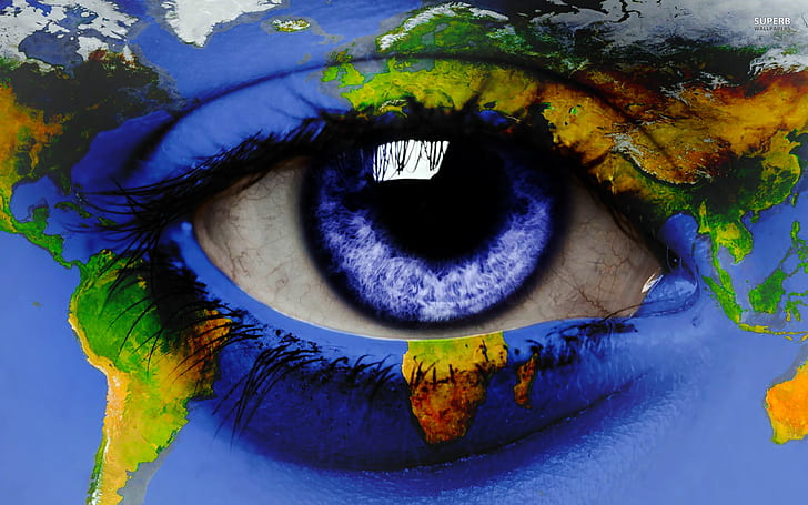 eyes, eyelashes, digital art, world map, blue eyes, continents, HD wallpaper