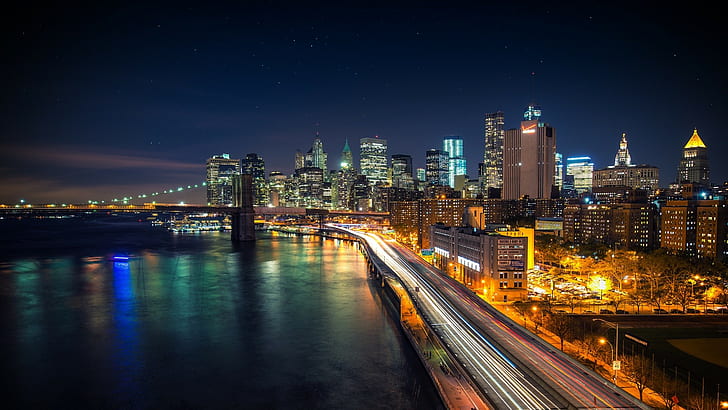 cityscape, Manhattan, Manhattan Bridge, long exposure, New York City, HD wallpaper