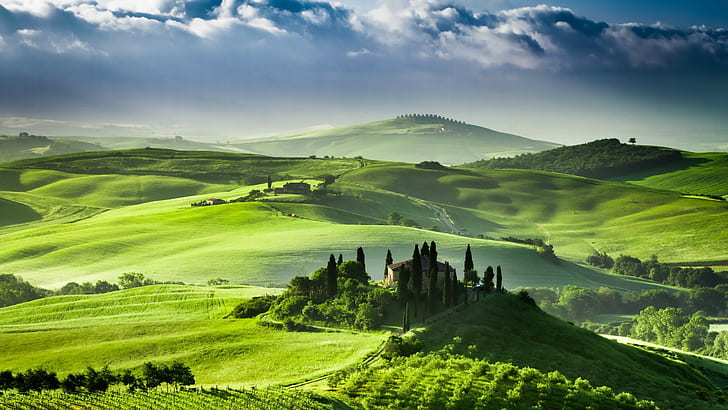 field, terraces, clouds, landscape, Italy, Tuscany, hills