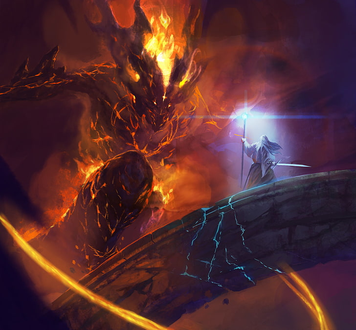 Gandalf the Grey wallpaper, bridge, Balrog, fight, Lord of the rings