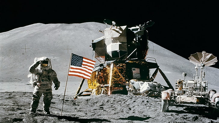 Neil Armstrong commemorative photo, Moon, astronaut, NASA, American flag, HD wallpaper