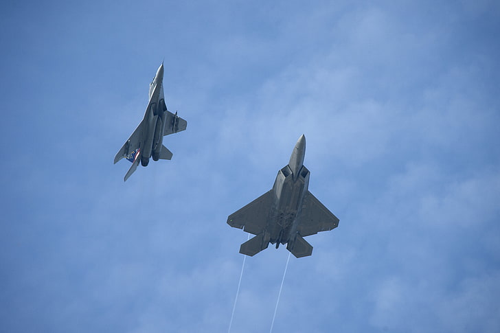 two gray fighter jets, F22-Raptor, Mig-29UB, military, military aircraft