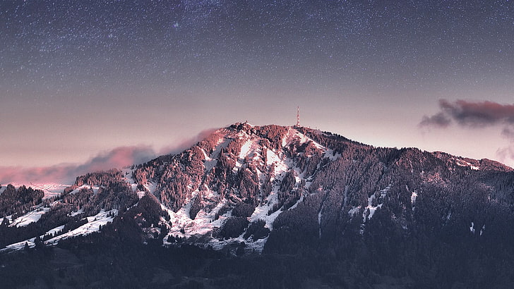 brown mountain, nature, mountains, snow, star - Space, night