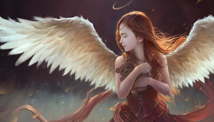angel carrying bear plush toy illustration, fantasy art, artwork