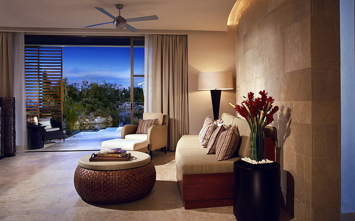 brown and beige sofa, interior, bathroom, furniture, design, domestic Room, HD wallpaper