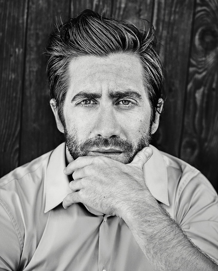 Jake Gyllenhaal, monochrome, beard, facial hair, portrait, males