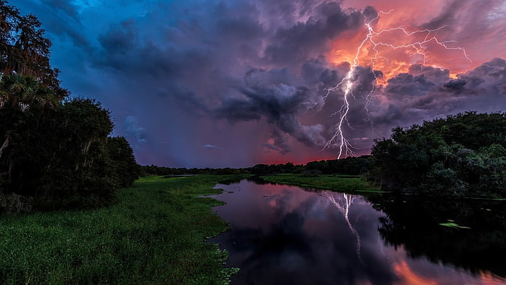 lightning struck on ground, nature, landscape, water, reflection