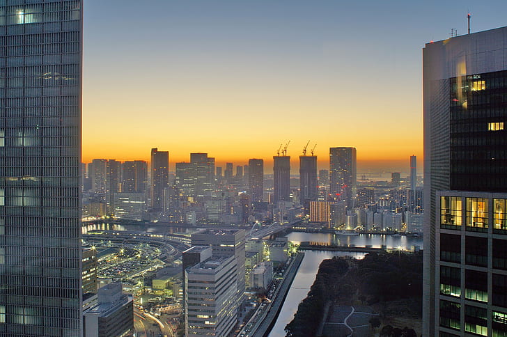 high rise urban buildings, tokyo, tokyo, Morning, Glow, Morgenrot