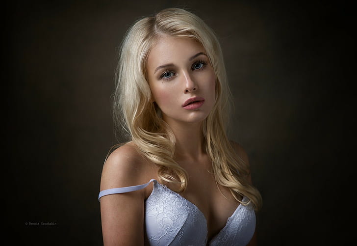 women, blonde, face, portrait, white bra, simple background, HD wallpaper