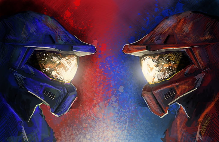 blue and red helmets, Red vs. Blue, Halo, illuminated, indoors