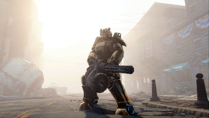 gun, power, minigun, Fallout 4, heavy armor, HD wallpaper