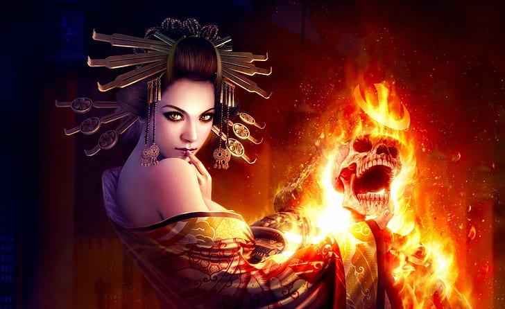 Fantasy, Woman, Skull, Fire, Burning
