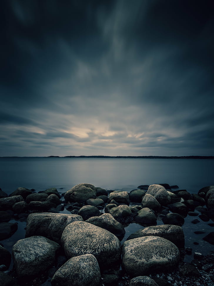 black-and-white stone lot near body of water, Night, mood, porkkala, HD wallpaper