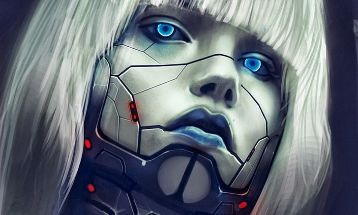 cyberpunk, cyborg, blue, science fiction, portrait, headshot