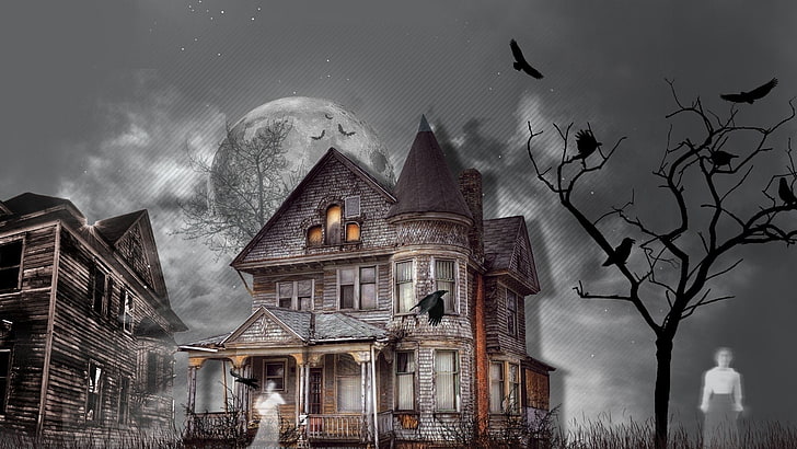gray and brown haunted house, Dark, Ghost, Halloween, Holiday