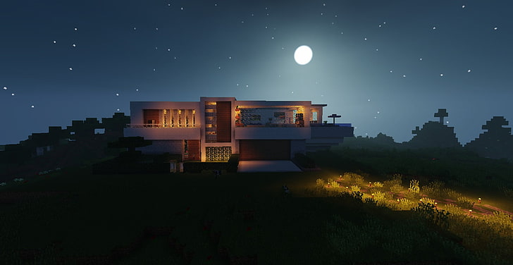 white concrete 2-storey house, Minecraft, landscape, modern, night