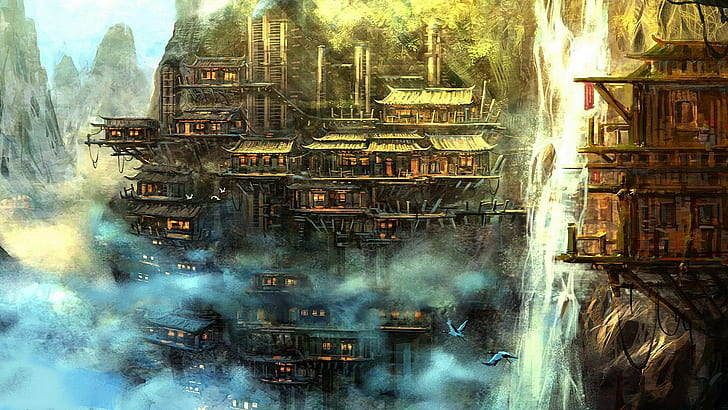 temples illustration, fantasy art, waterfall, fantasy city, smoke - physical structure