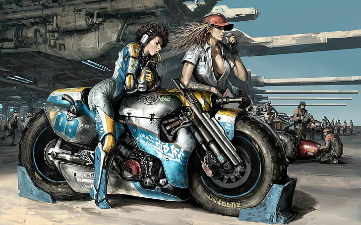 woman riding on motorcycle wallpaper, artwork, science fiction, HD wallpaper