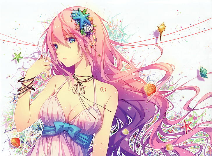 ribbon, painted nails, anime, hair ornament, bangs, pink hair