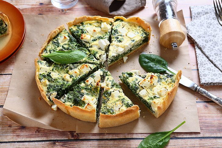 food, kitchen, Quiche, spinach, table knife, Pepper, food and drink