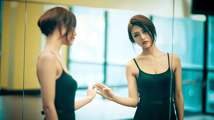 women, model, Asian, mirror, hands, reflection, bare shoulders, HD wallpaper