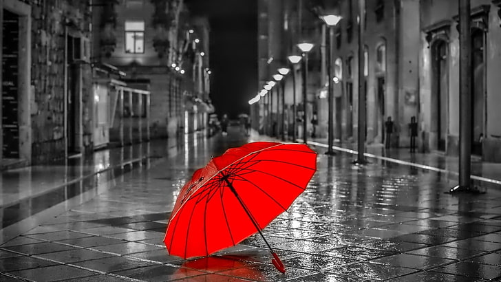 monochrome, umbrella, rainy, street, raining