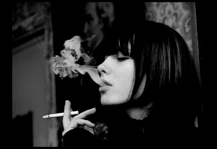 cigarettes, closed eyes, portrait, dark hair, monochrome, smoke