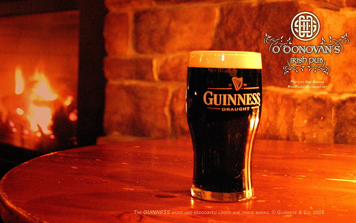 Guinness, beer, alcohol, fireplace, drinking glass, refreshment, HD wallpaper